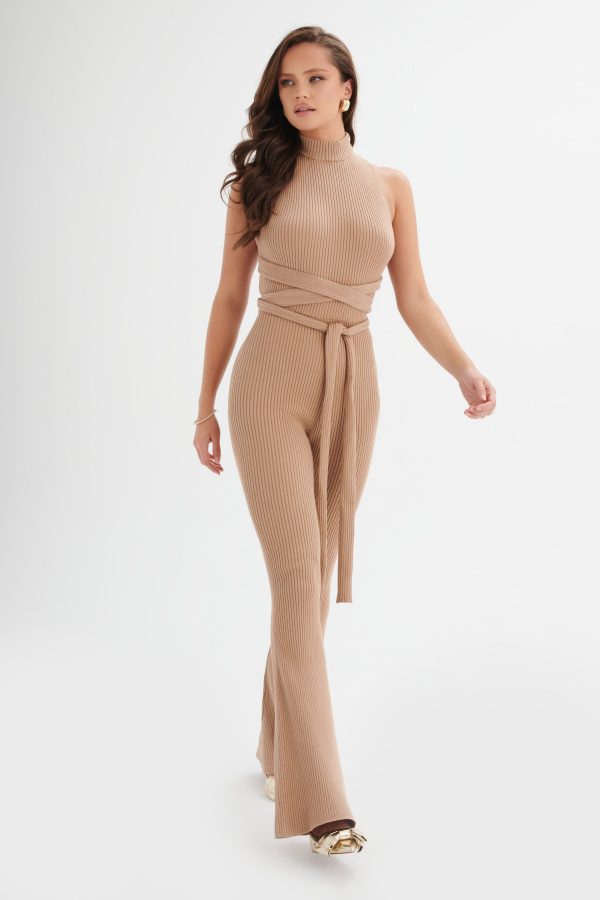 TAMARA Knitted Ribbed Open Back Jumpsuit In Camel - Image 2