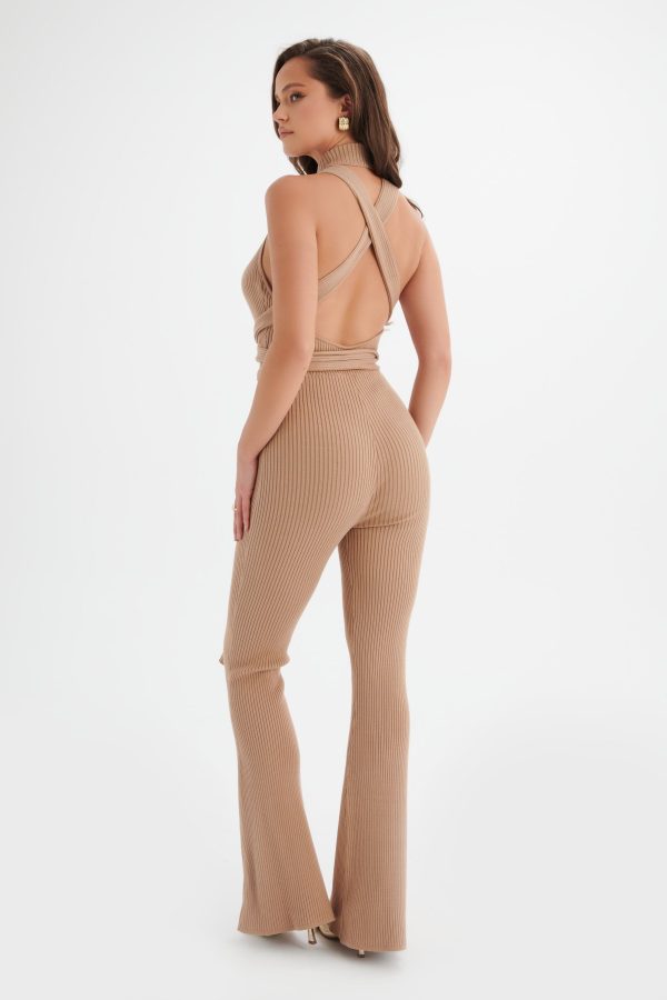 TAMARA Knitted Ribbed Open Back Jumpsuit In Camel - Image 4