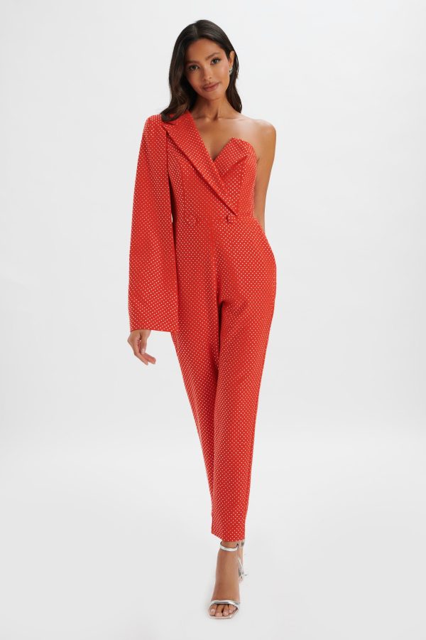 MISCHA Crystal Embellished One Shoulder Cape Jumpsuit in Red - Image 2