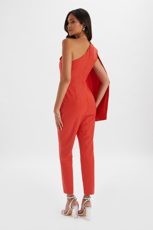 MISCHA Crystal Embellished One Shoulder Cape Jumpsuit in Red - Image 3