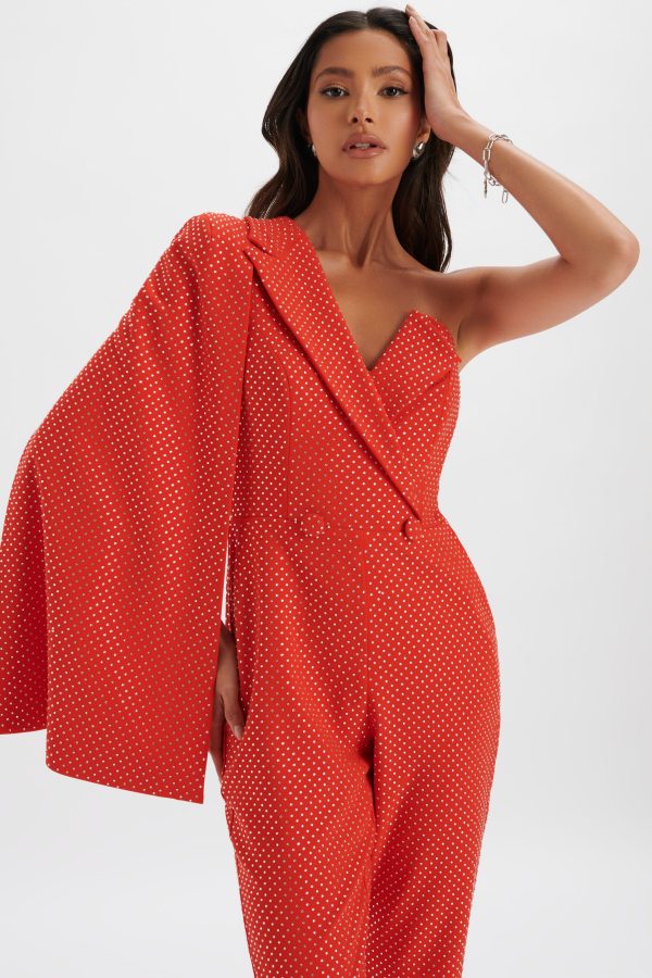 MISCHA Crystal Embellished One Shoulder Cape Jumpsuit in Red - Image 4