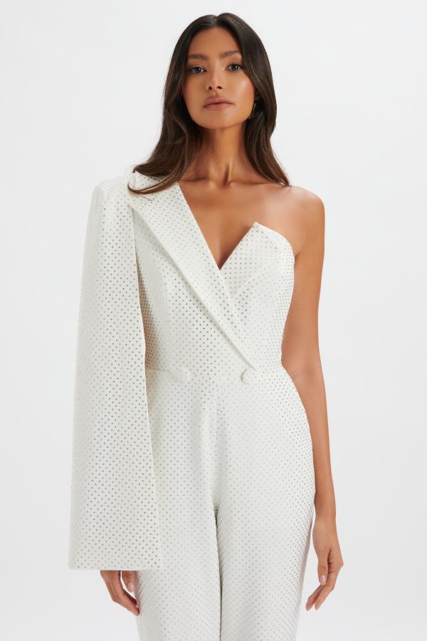 MISCHA Crystal Embellished One Shoulder Cape Jumpsuit in White - Image 3