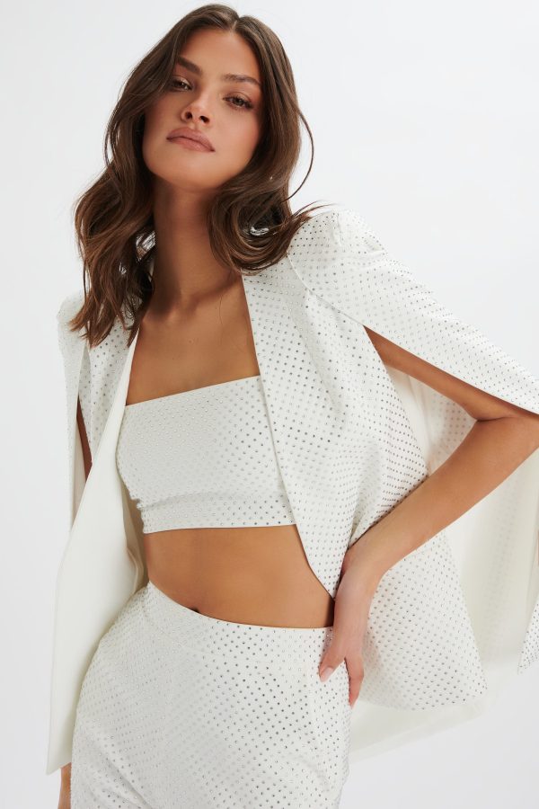 TIA Crystal Embellished Classic Cape Blazer in White - Image 2