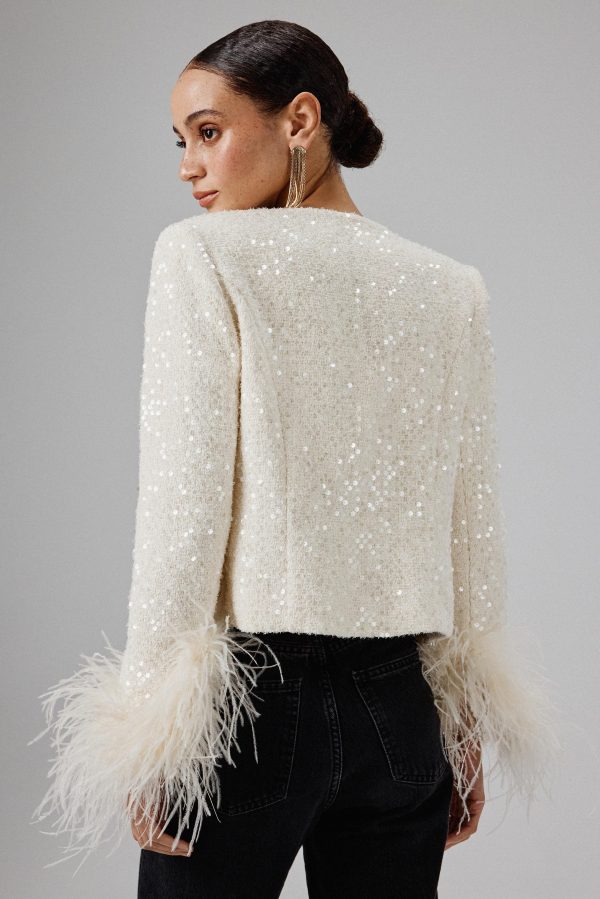 LARIA Sequin Boucle Jacket with Gold Rose Embellishment in Beige - Image 2