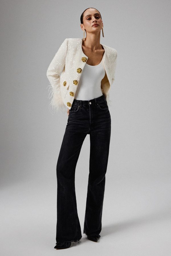 LARIA Sequin Boucle Jacket with Gold Rose Embellishment in Beige - Image 3