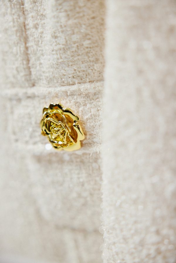 LARIA Sequin Boucle Jacket with Gold Rose Embellishment in Beige - Image 4