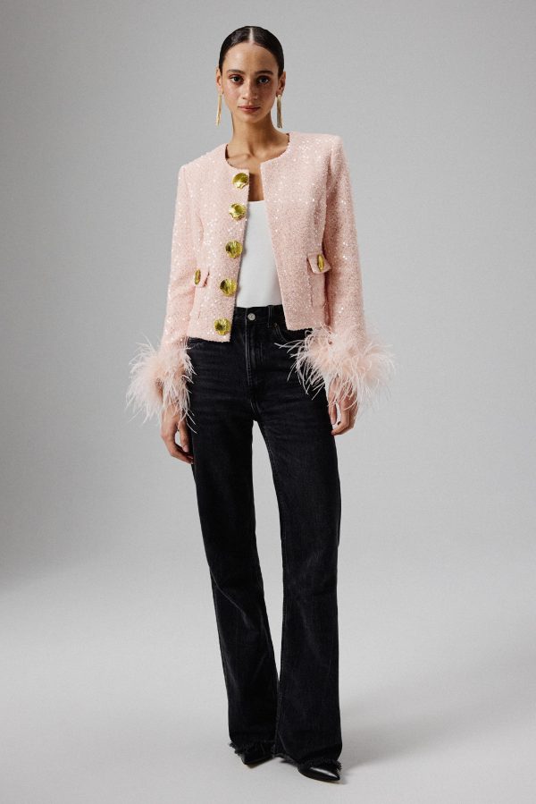 LARIA Sequin Boucle Jacket with Gold Shell Embellishment in Pink - Image 3