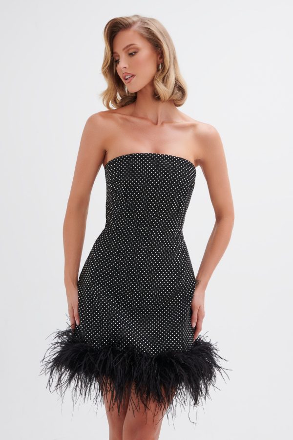 CHLOE Crystal Embellished Feather Hem Mini Dress in Black - Image 2
