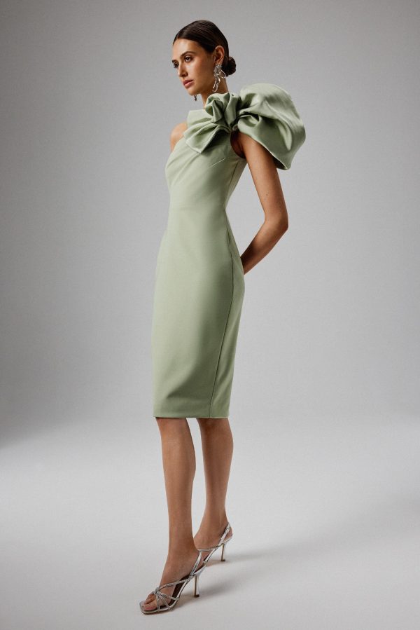 TAYTE One Shoulder Detail Midi Dress in Sage Green - Image 2