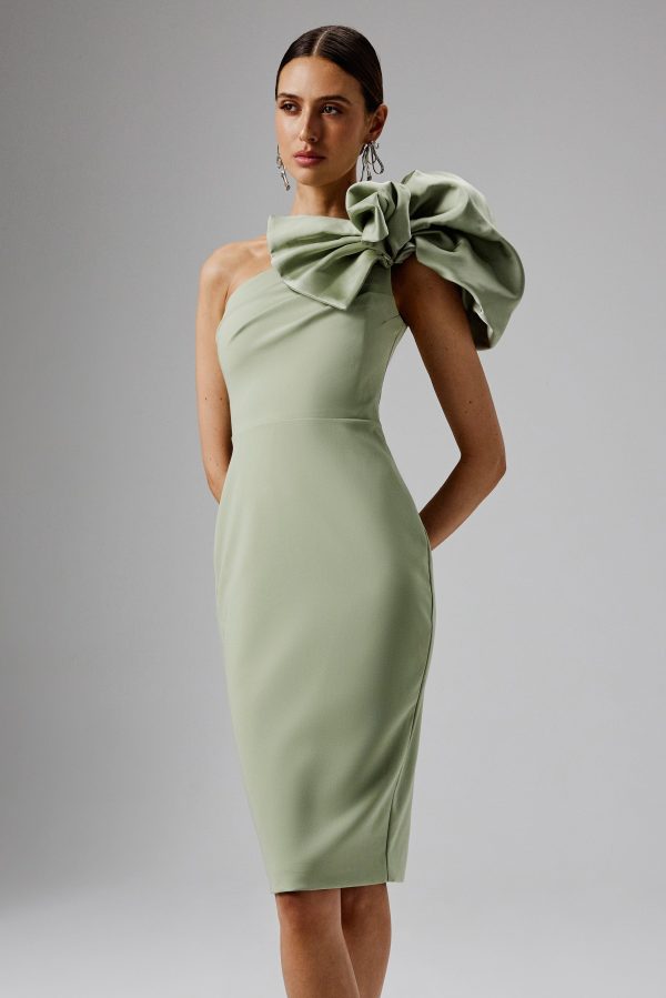 TAYTE One Shoulder Detail Midi Dress in Sage Green - Image 3