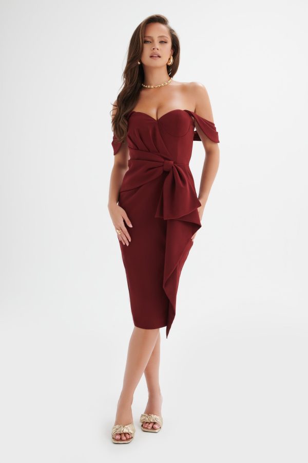 LORI Off Shoulder Bow Detail Midi Dress in Burgundy
