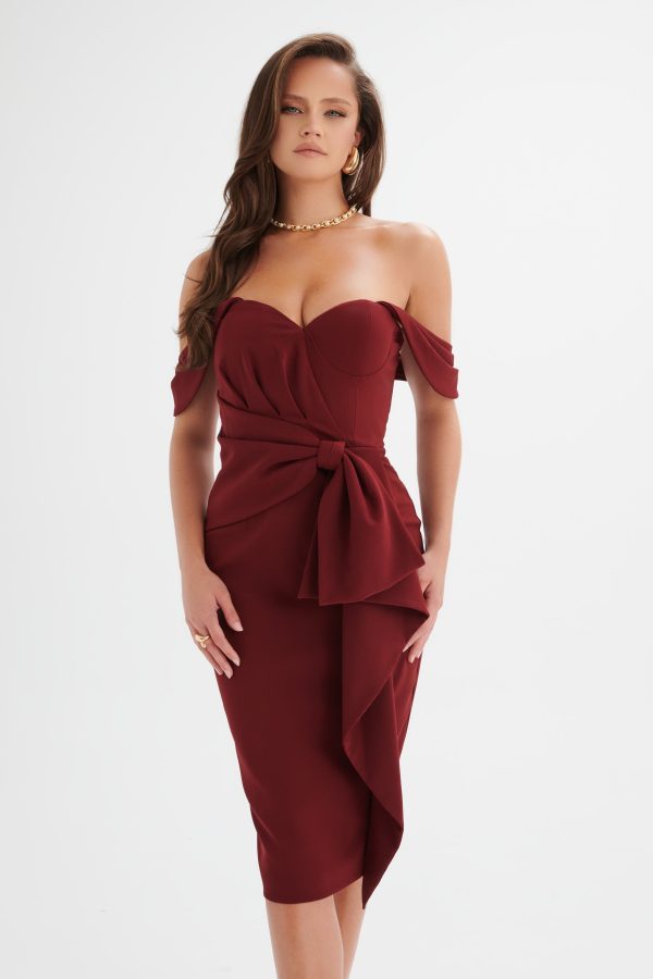 LORI Off Shoulder Bow Detail Midi Dress in Burgundy - Image 4