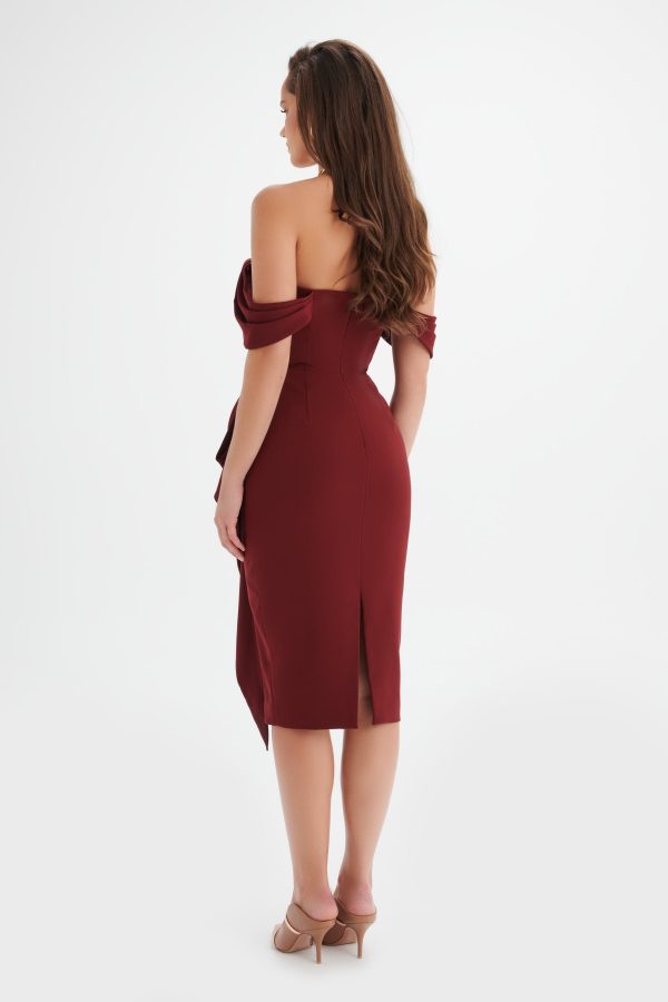 LORI Off Shoulder Bow Detail Midi Dress in Burgundy - Image 5