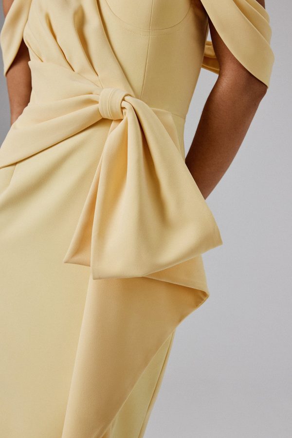 LORI Off Shoulder Bow Detail Midi Dress in Yellow - Image 2