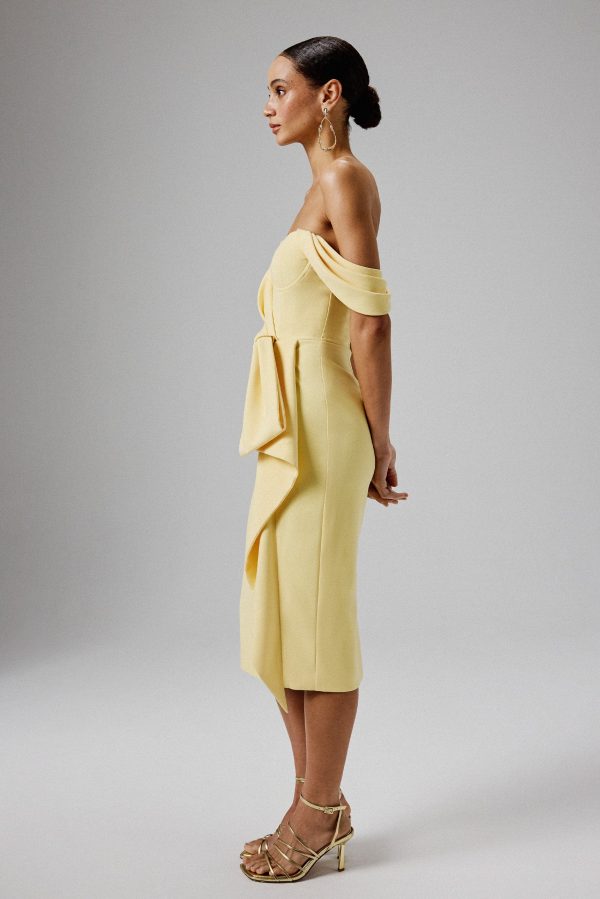 LORI Off Shoulder Bow Detail Midi Dress in Yellow - Image 3