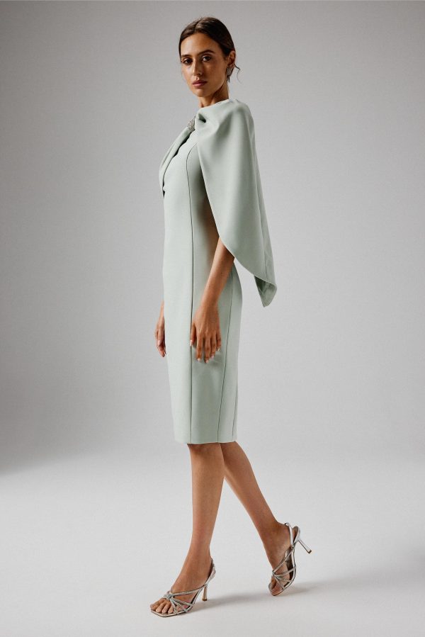 TINA One Shoulder Embellished Bow Cape Midi Dress in Sage Green - Image 2