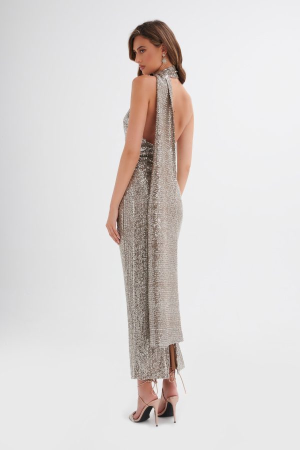 ALANNI Stretch Sequin Longline Scarf Maxi Dress in Silver - Image 3