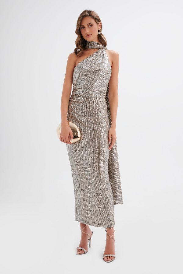 ALANNI Stretch Sequin Longline Scarf Maxi Dress in Silver - Image 4