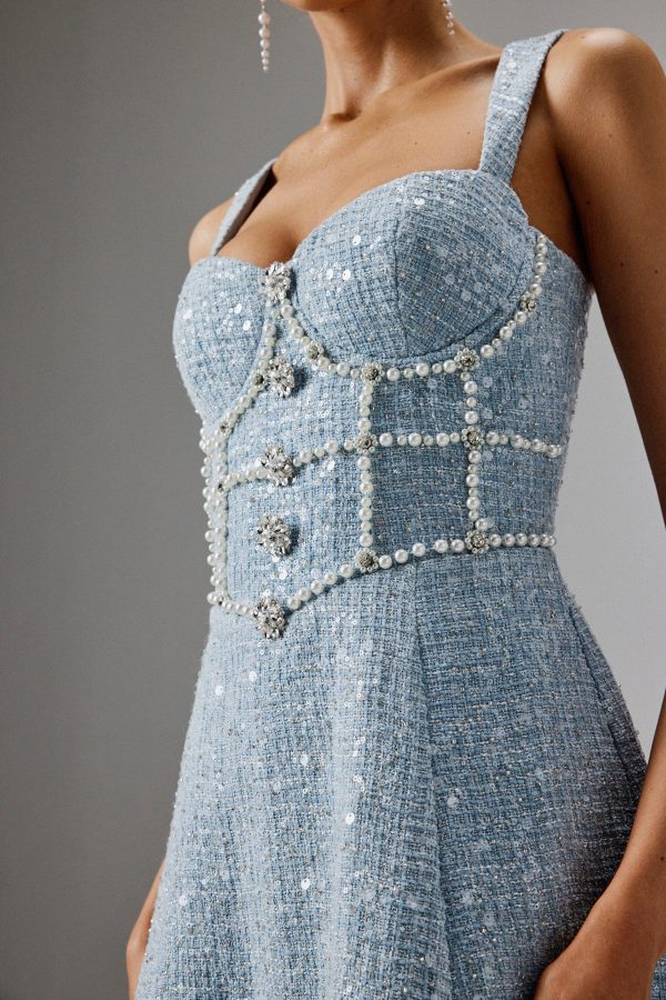 KIRA Pearl Embellished Boucle A Line Dress in Blue - Image 2