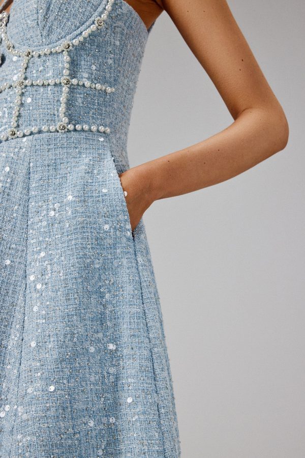 KIRA Pearl Embellished Boucle A Line Dress in Blue - Image 4
