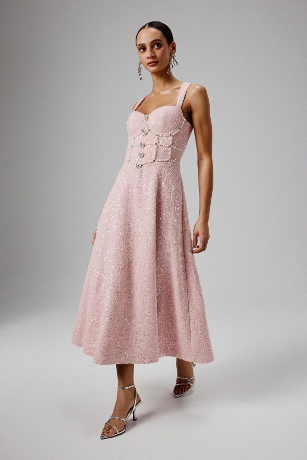 KIRA Pearl Embellished Boucle A Line Dress in Pink - Image 2