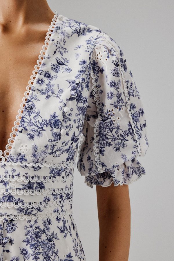 CINDY Micro Button and Loop Detail Long Midi Dress in Blue Porcelain Print - Image 2