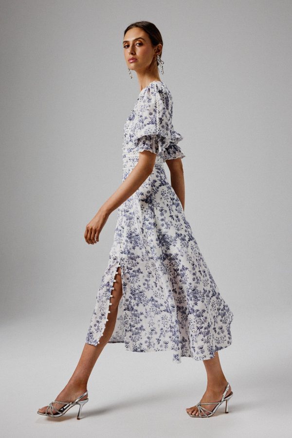 CINDY Micro Button and Loop Detail Long Midi Dress in Blue Porcelain Print - Image 3