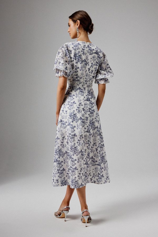 CINDY Micro Button and Loop Detail Long Midi Dress in Blue Porcelain Print - Image 4
