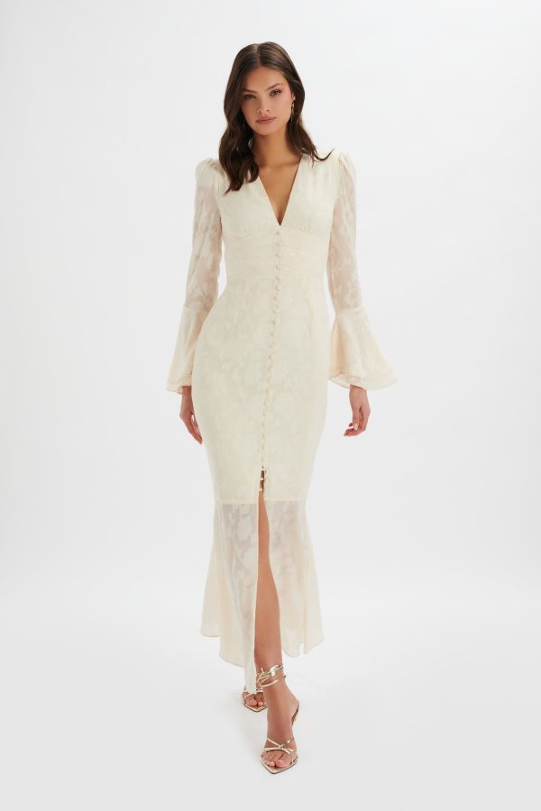 LAUREN Fluted Sleeve Maxi Dress In Cream Floral Textured Chiffon - Image 2