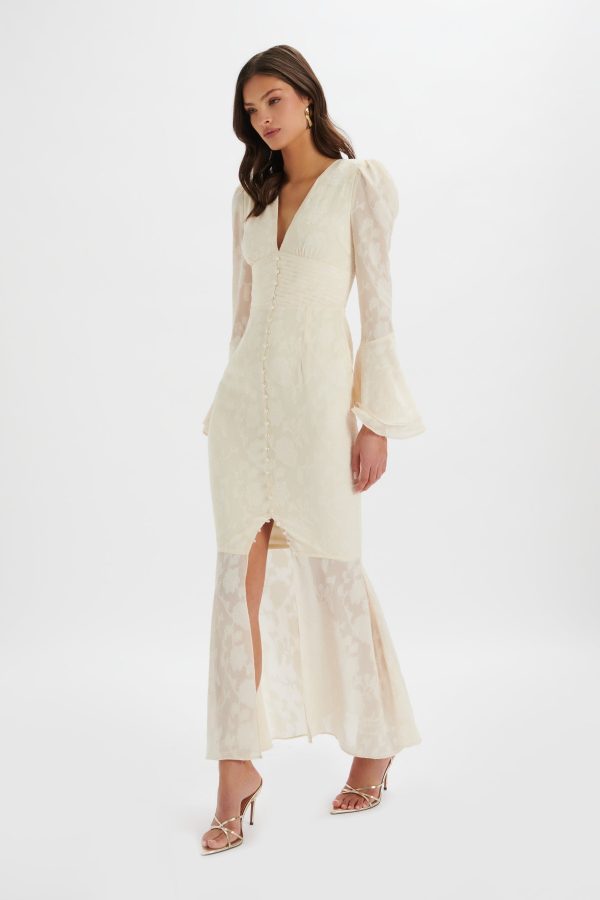 LAUREN Fluted Sleeve Maxi Dress In Cream Floral Textured Chiffon - Image 3