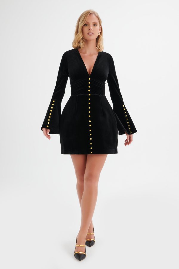 LARA Fluted Sleeve Rose Button Velvet Mini Dress in Black - Image 5