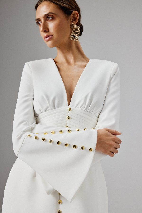 LARA Fluted Sleeve Micro Shell Button Mini Dress in White - Image 2