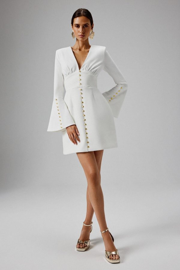 LARA Fluted Sleeve Micro Shell Button Mini Dress in White - Image 3