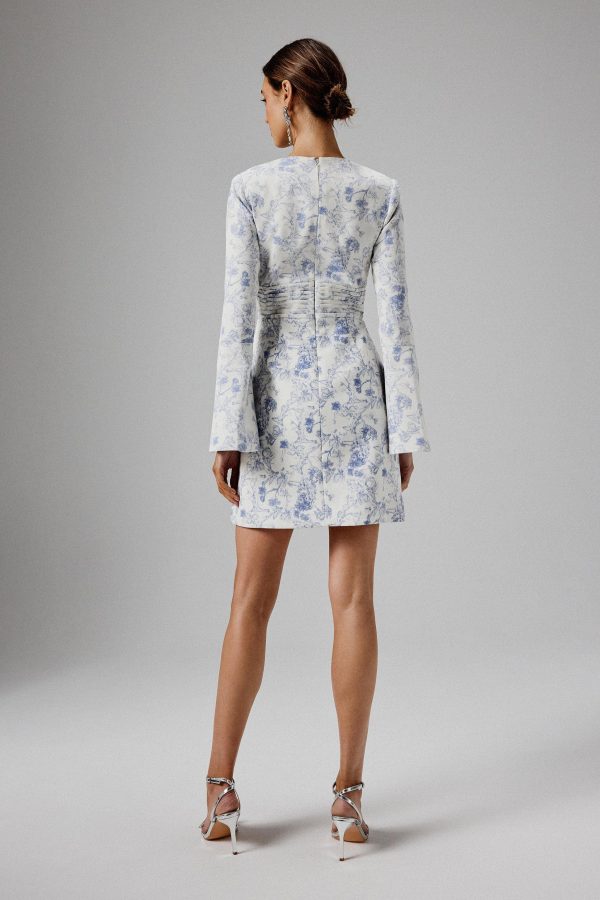 LARA Fluted Sleeve Micro Button Mini Dress in Blue Porcelain - Image 4