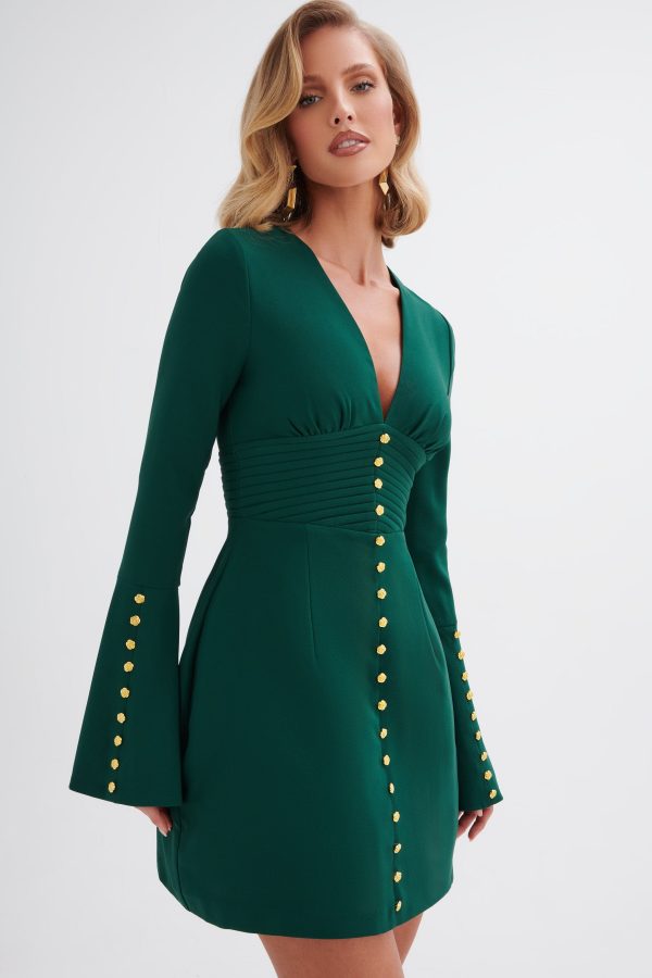 LARA Fluted Sleeve Rose Button Mini Dress in Emerald Green - Image 2