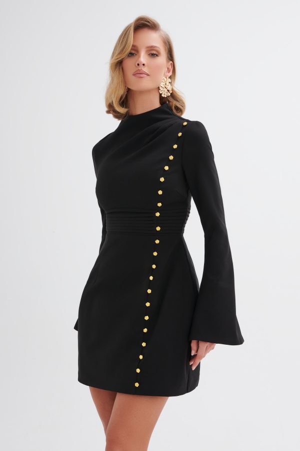 GEMMA High Neck Rose Button Long Sleeve Mini Dress in Black - Image 2
