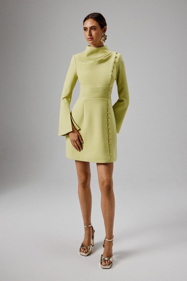 GEMMA High Neck Rose Button Long Sleeve Mini Dress in Lime - Image 3