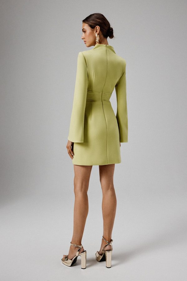 GEMMA High Neck Rose Button Long Sleeve Mini Dress in Lime - Image 5