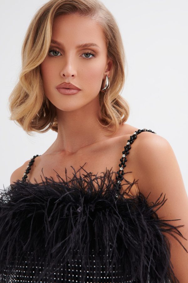 NOVA Rhinestone Embellished Feather Maxi Dress in Black - Image 3