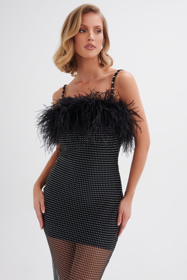 NOVA Rhinestone Embellished Feather Maxi Dress in Black - Image 5