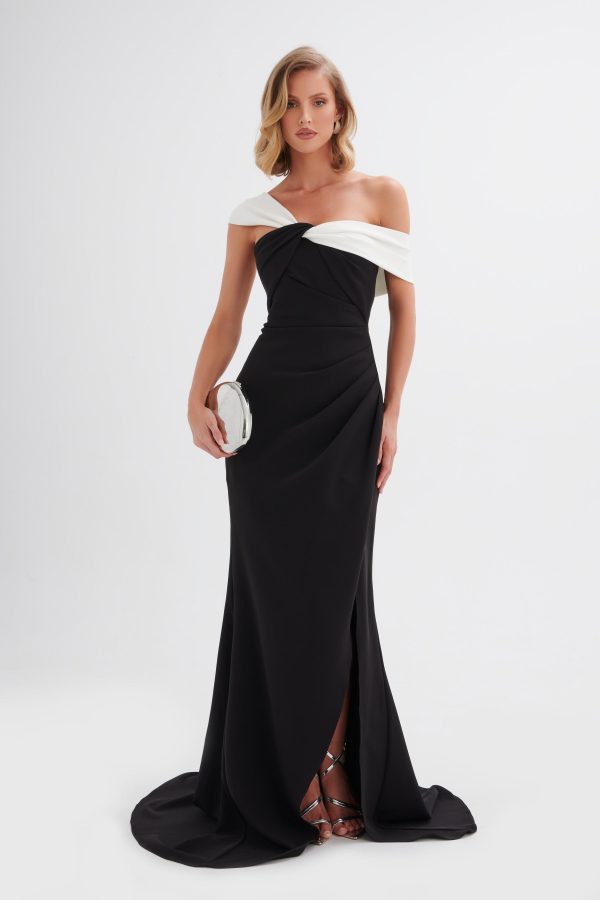 TAYLOR Twisted One Shoulder Maxi Dress with Train In Black - Image 3