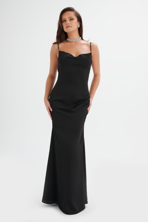 DEMI Cowl Neck Satin Maxi Dress with Pearl Straps in Black - Image 2