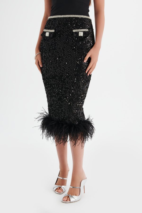 KYLIE Sequin Boucle Feather Hem Midi Skirt in Black - Image 2