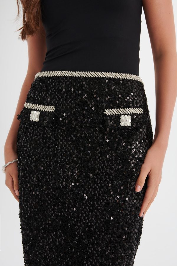 KYLIE Sequin Boucle Feather Hem Midi Skirt in Black - Image 3