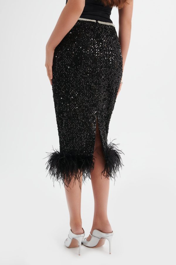KYLIE Sequin Boucle Feather Hem Midi Skirt in Black - Image 4