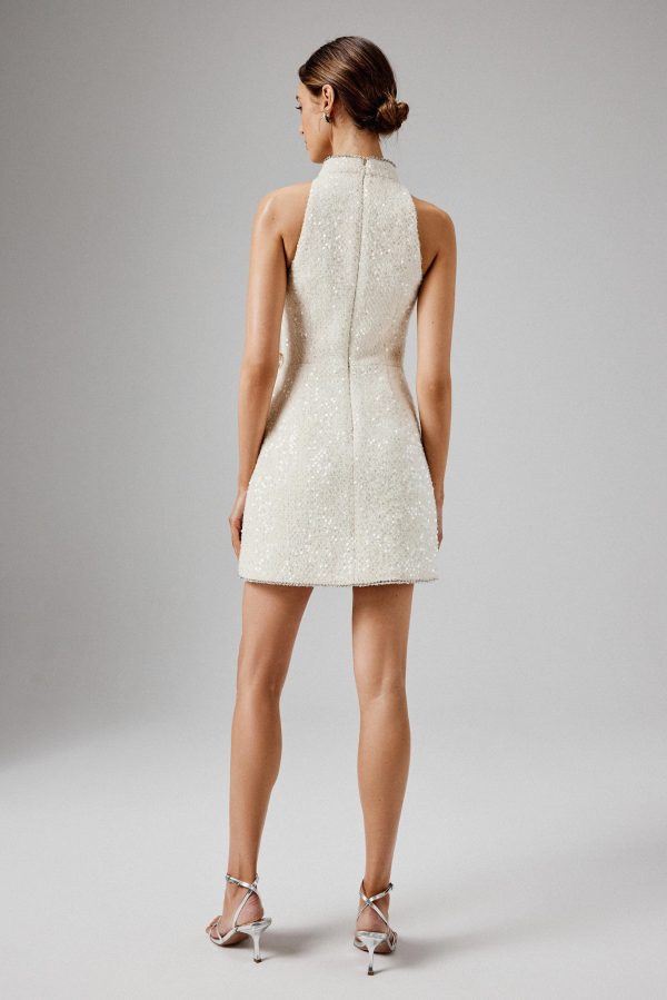 SOLENE Sequin Boucle High Collar Mini Dress with Bow Embellishment in Beige - Image 5