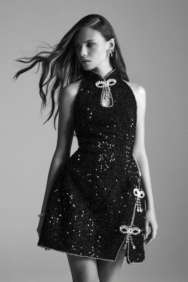SOLENE Sequin Boucle High Collar Mini Dress with Bow Embellishment in Black - Image 6