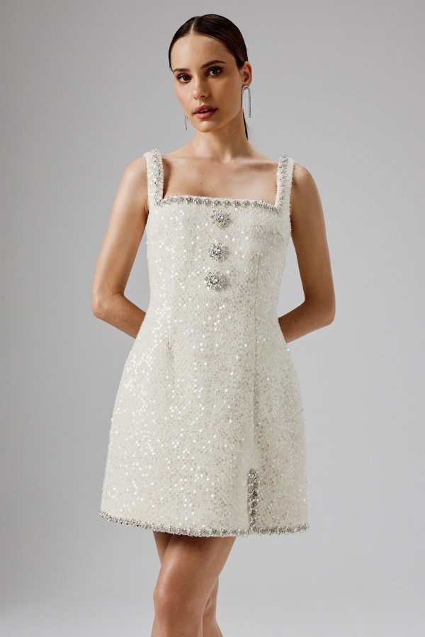 ZOEY Embellished Boucle Tulip Mini Dress in Beige - Image 2