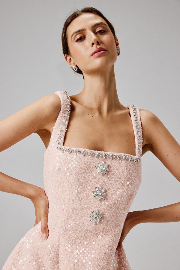 ZOEY Embellished Boucle Tulip Mini Dress in Blush Pink - Image 2