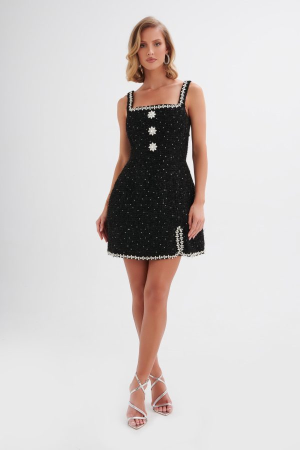 ZOEY Embellished Boucle Tulip Mini Dress in Black